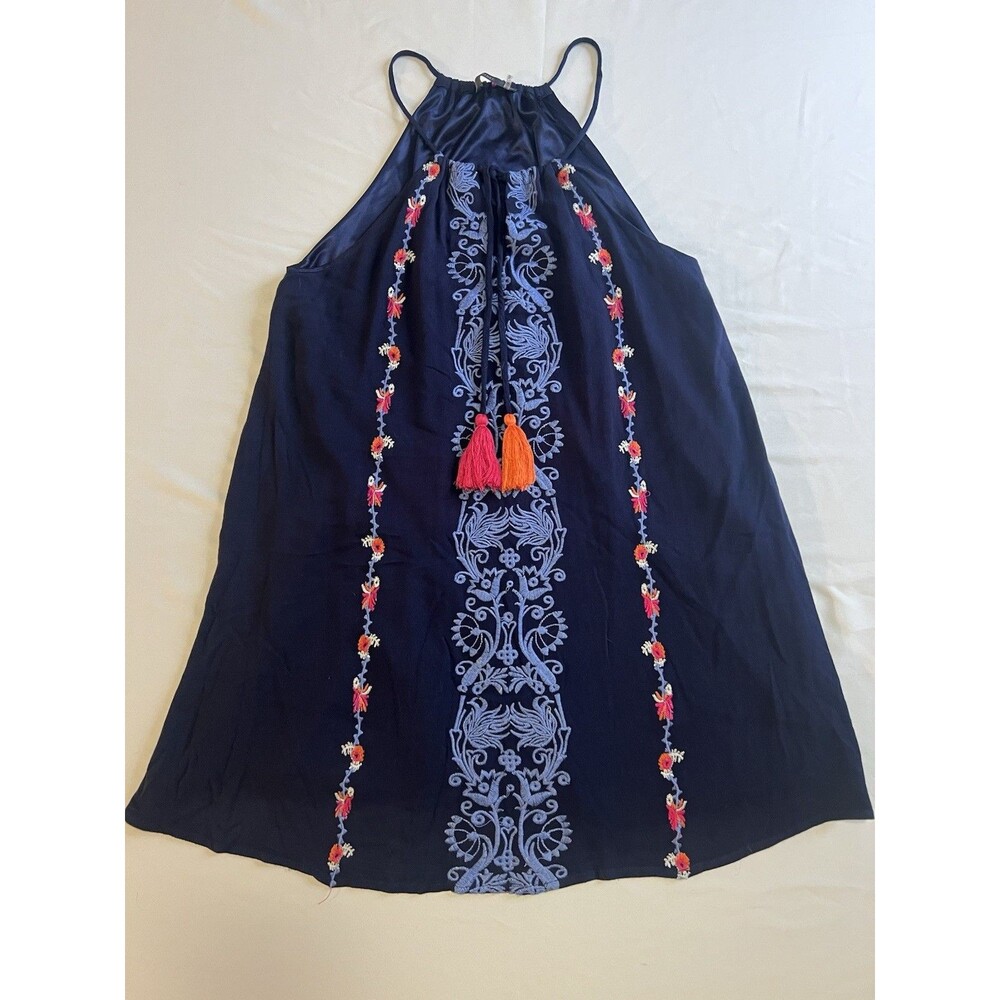 THML Navy Embroidered Halter Midi Dress with Red & Orange Tassels